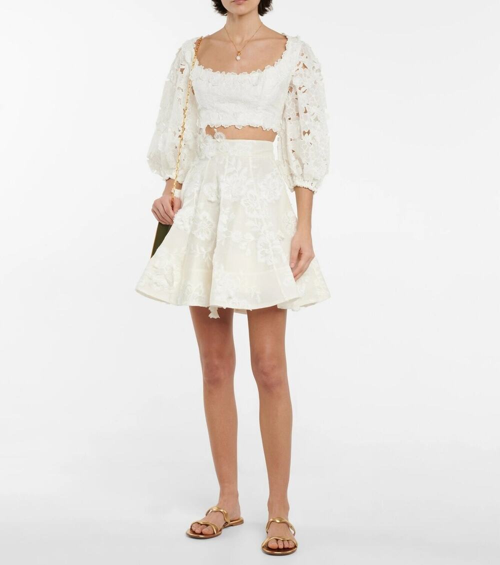 Zimmermann Lola Floral Ramie Guipure Lace Bodice Crop Top White Size 1 Medium